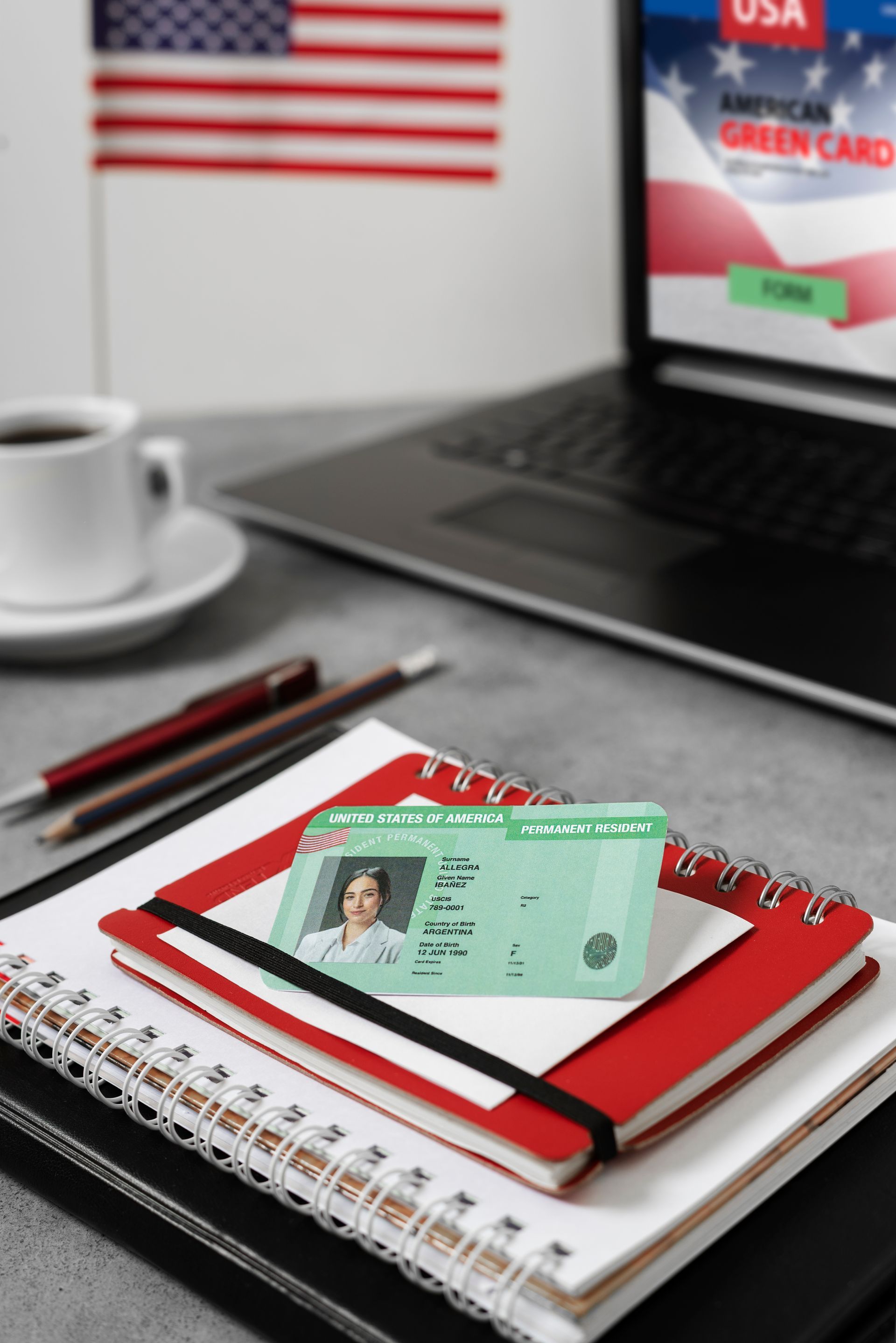 Green Card on notebook with laptop and American flag in background.