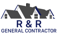 Logo for R & R General Contractor. Dark grey roof with white trim over navy blue text on a white background.