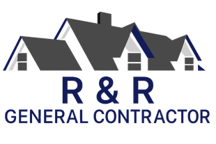 Logo for R & R General Contractor. Dark grey roof with white trim over navy blue text on a white background.