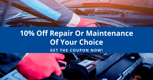 Mechanic working on car engine, blue banner with text: 10% Off Repair. Get the Coupon Now!