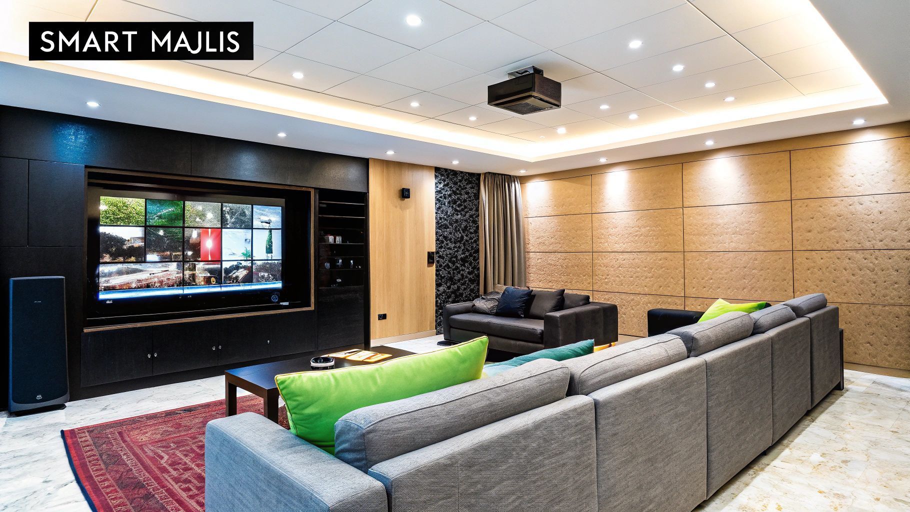 Modern home theater with a large screen, grey couch, and wood-paneled walls.