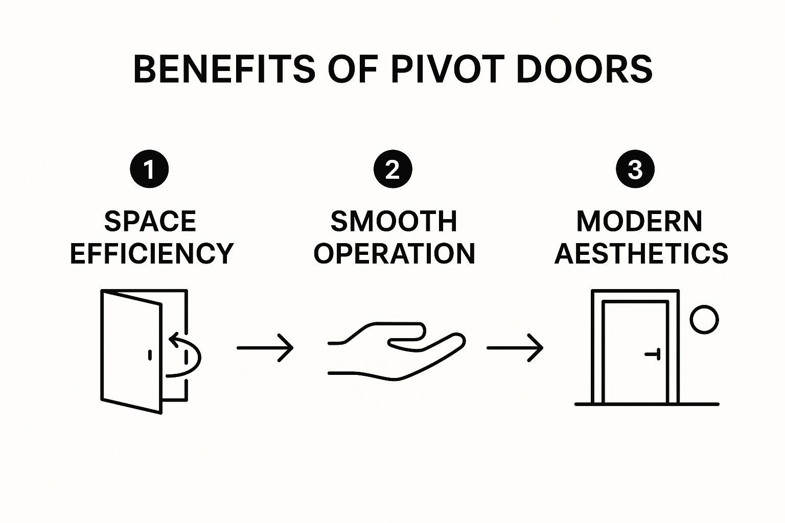 Benefits of pivot doors: space efficiency, smooth operation, and modern aesthetics.