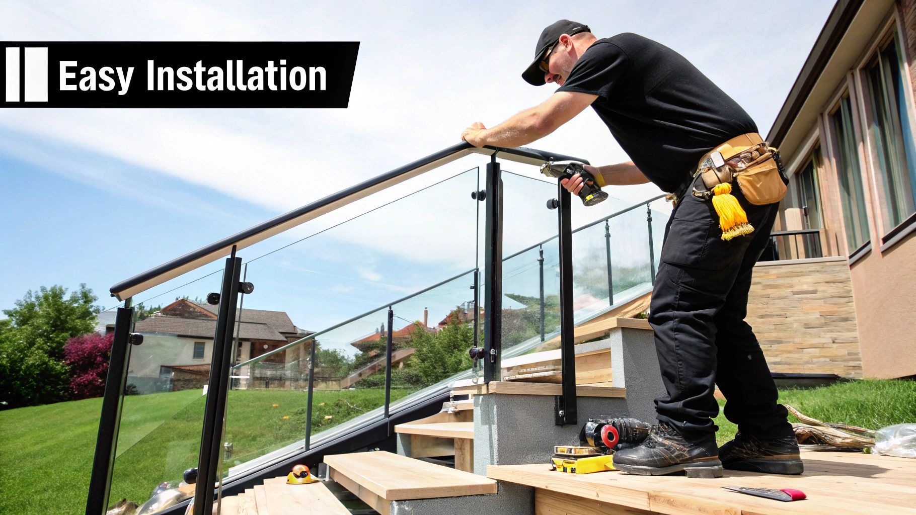 Man installs a glass railing on a wooden deck, emphasizing “Easy Installation”.