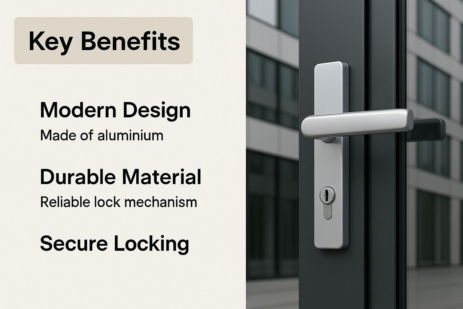 Silver door handle with key benefits: modern design, durable material, secure locking.
