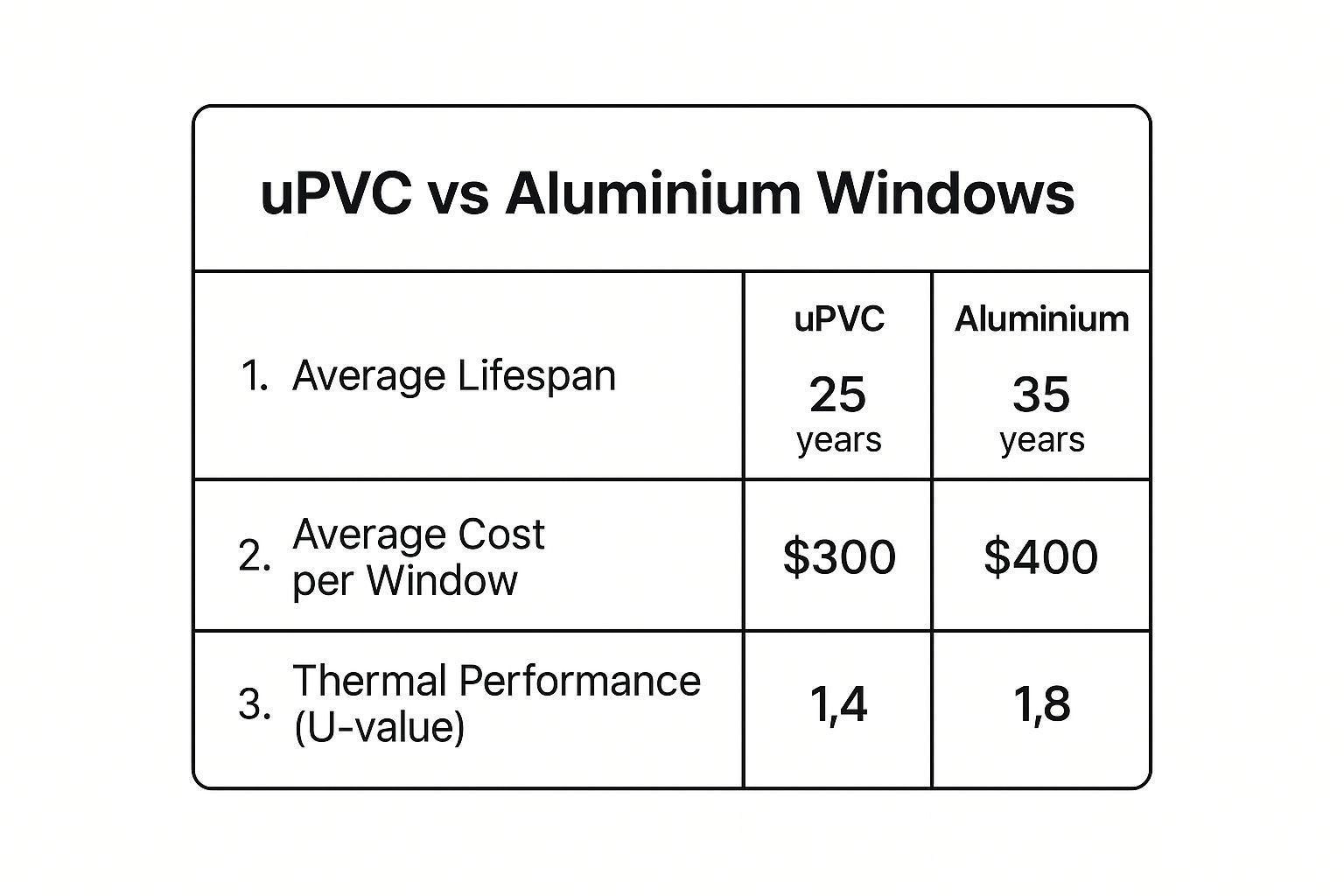 A table showing the average lifespan , average cost per window , and thermal performance of upvc vs aluminum windows.