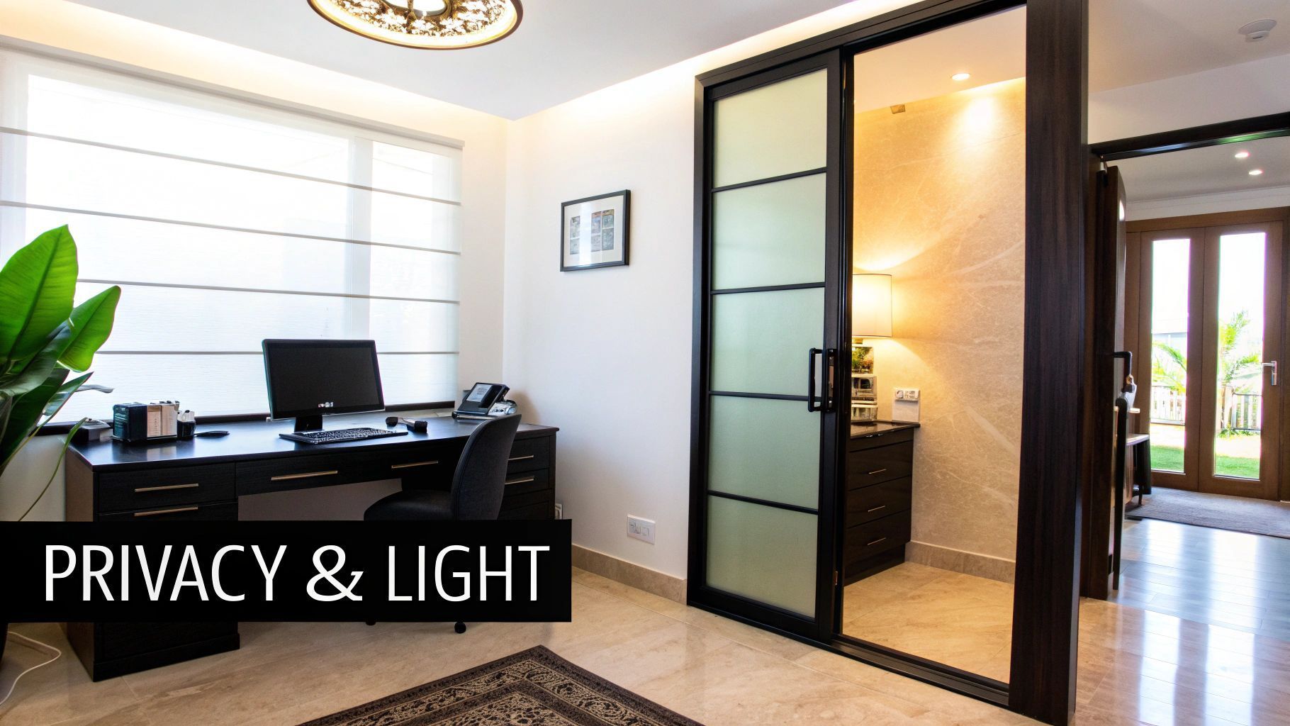 Office space with frosted glass sliding doors, desk, and view of an exterior door.