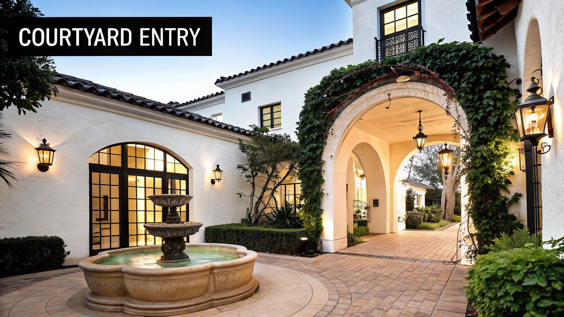 Courtyard entry to a Spanish-style home with a fountain, archways, and lush greenery.