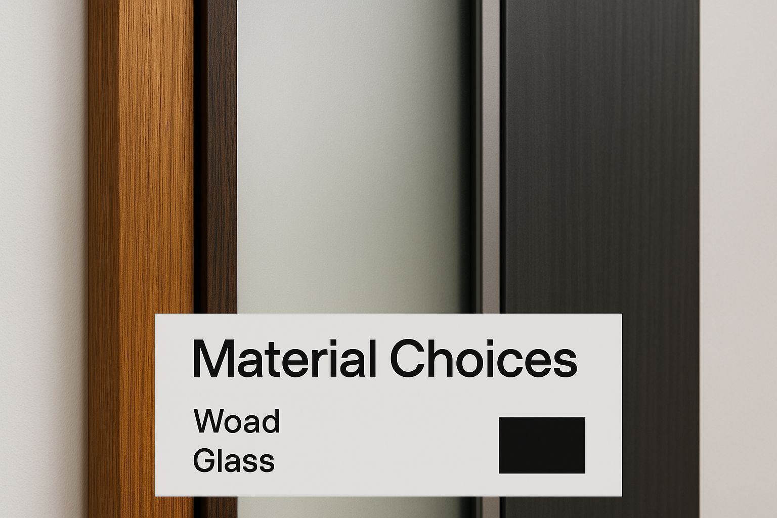 Material choices: Wood frame, glass, and black frame, with a white card showing the options.