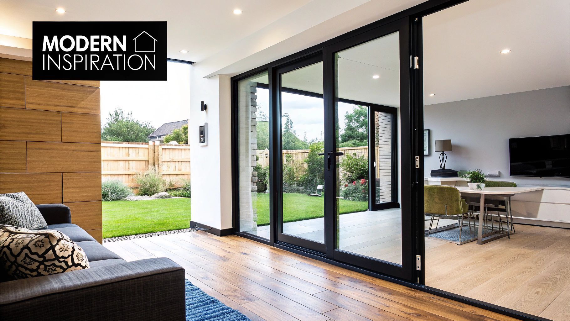 Modern interior with large black framed sliding glass doors open to a garden.