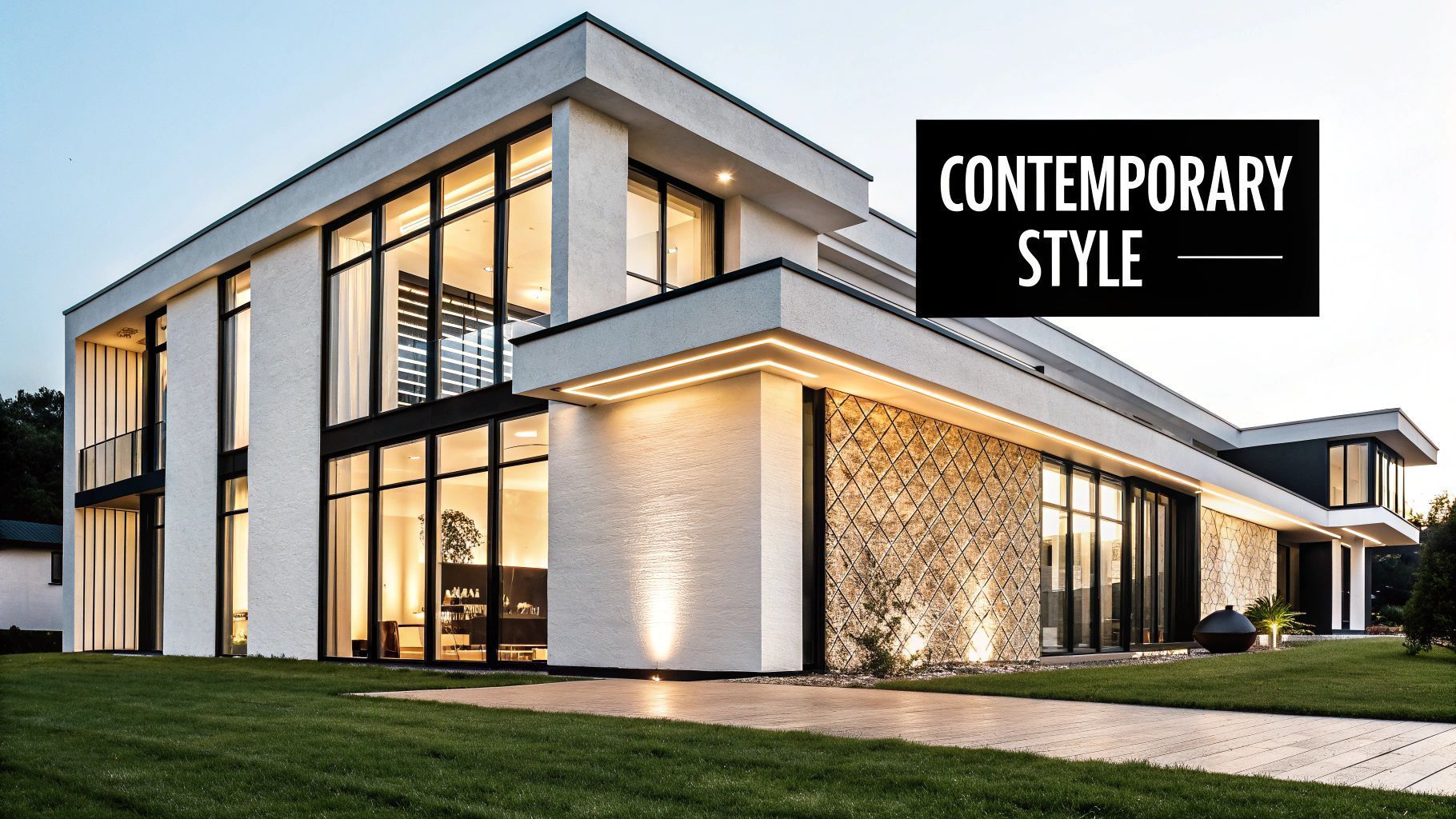Contemporary style house with large windows and stone accent wall.