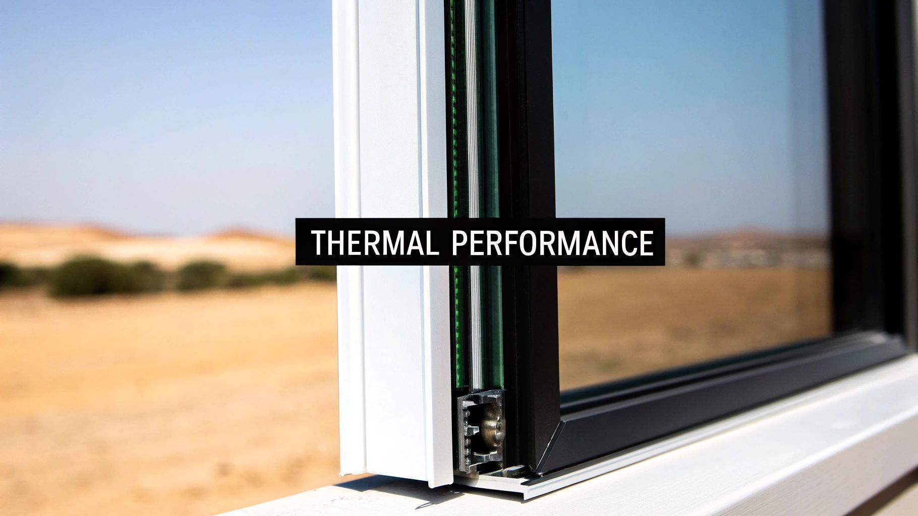 Close-up of a window with “THERMAL PERFORMANCE” overlayed. The window is white, black, and green, with a desert landscape background.