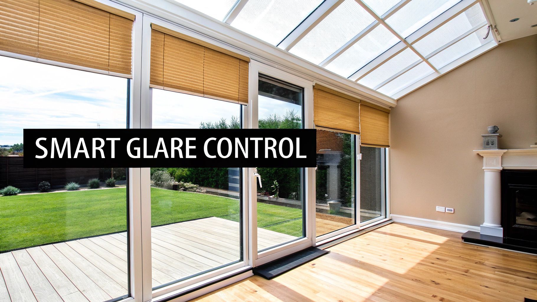 Sunroom with smart blinds, controlling glare. Interior view with garden and fireplace.