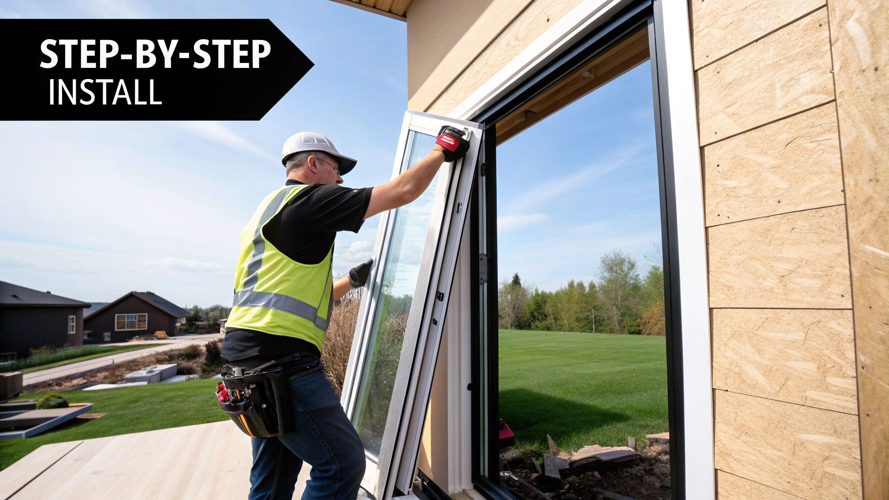 Man installing a window, outdoors. Wearing a safety vest and hard hat.