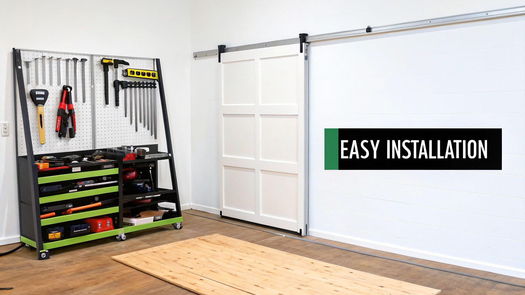 Sliding door with track on a white wall, a workbench with tools to the left, and 