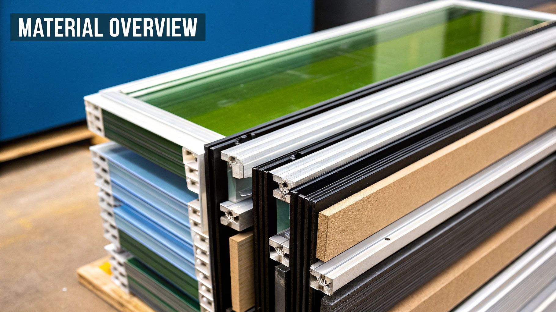 Stacks of window frames with various colors and materials on a wooden pallet.