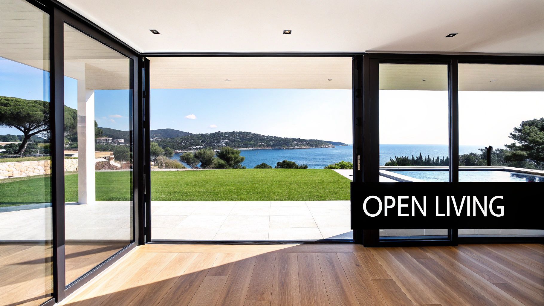 Open living space with large glass doors overlooking a manicured lawn, the ocean, and a pool.