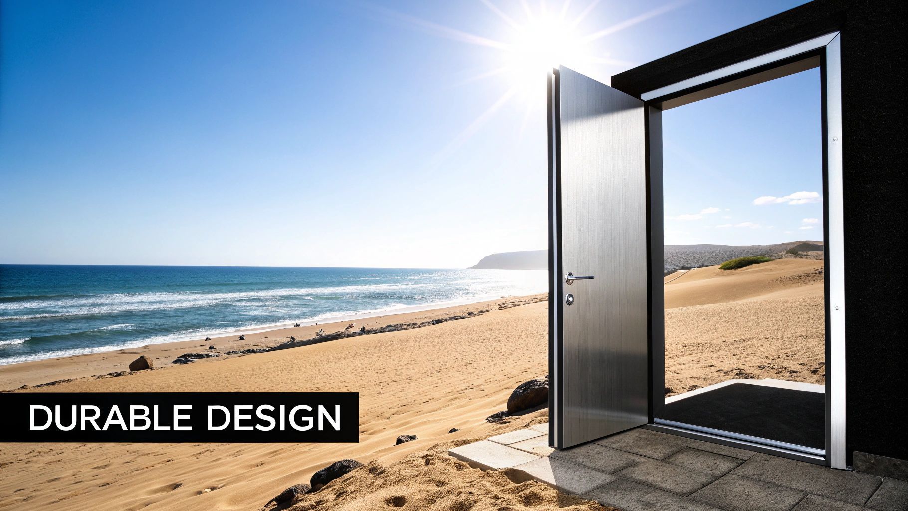 A modern door opens onto a beach and ocean under a bright sun;