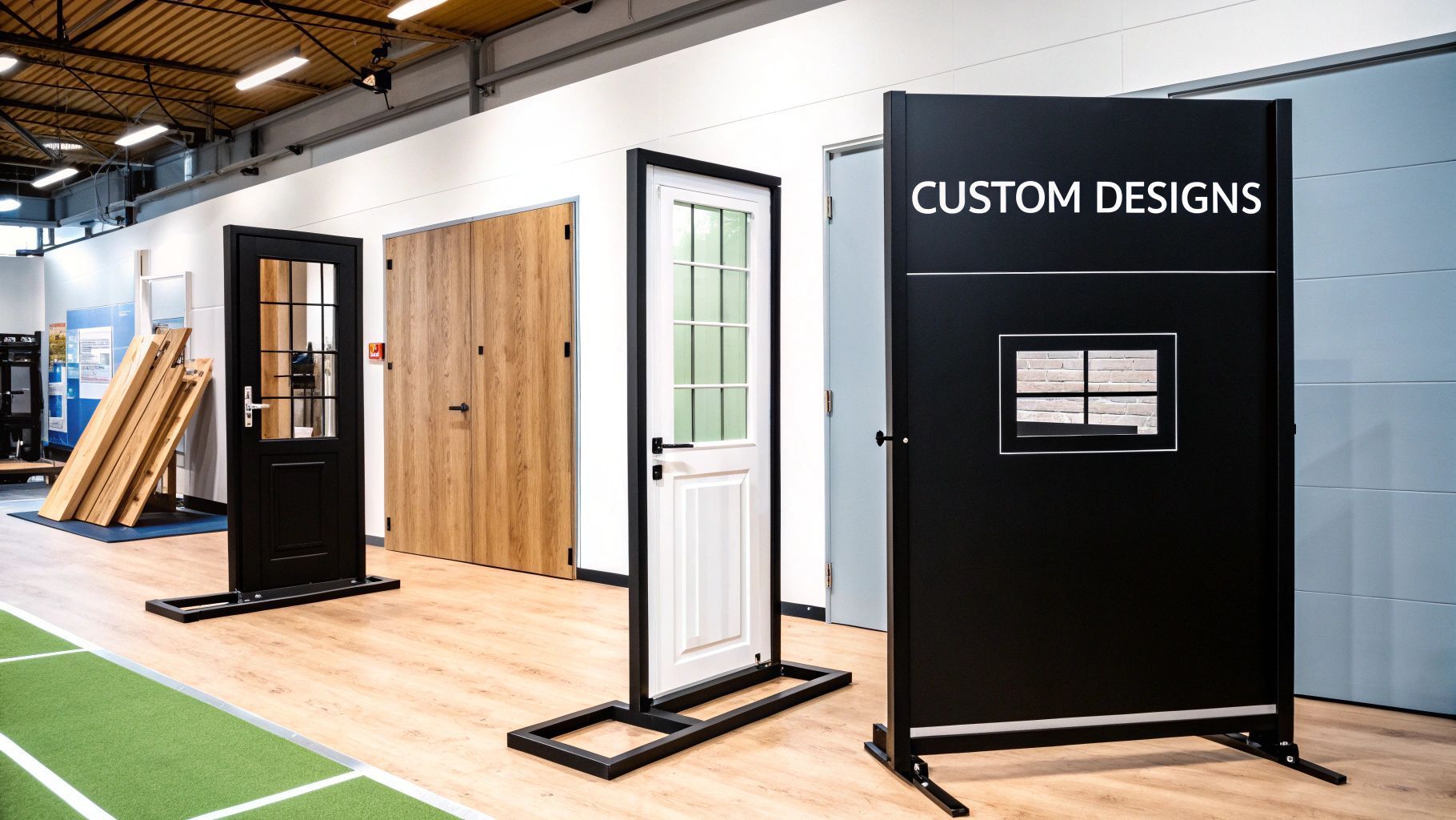 Interior showroom with door samples, including a black custom designs display.