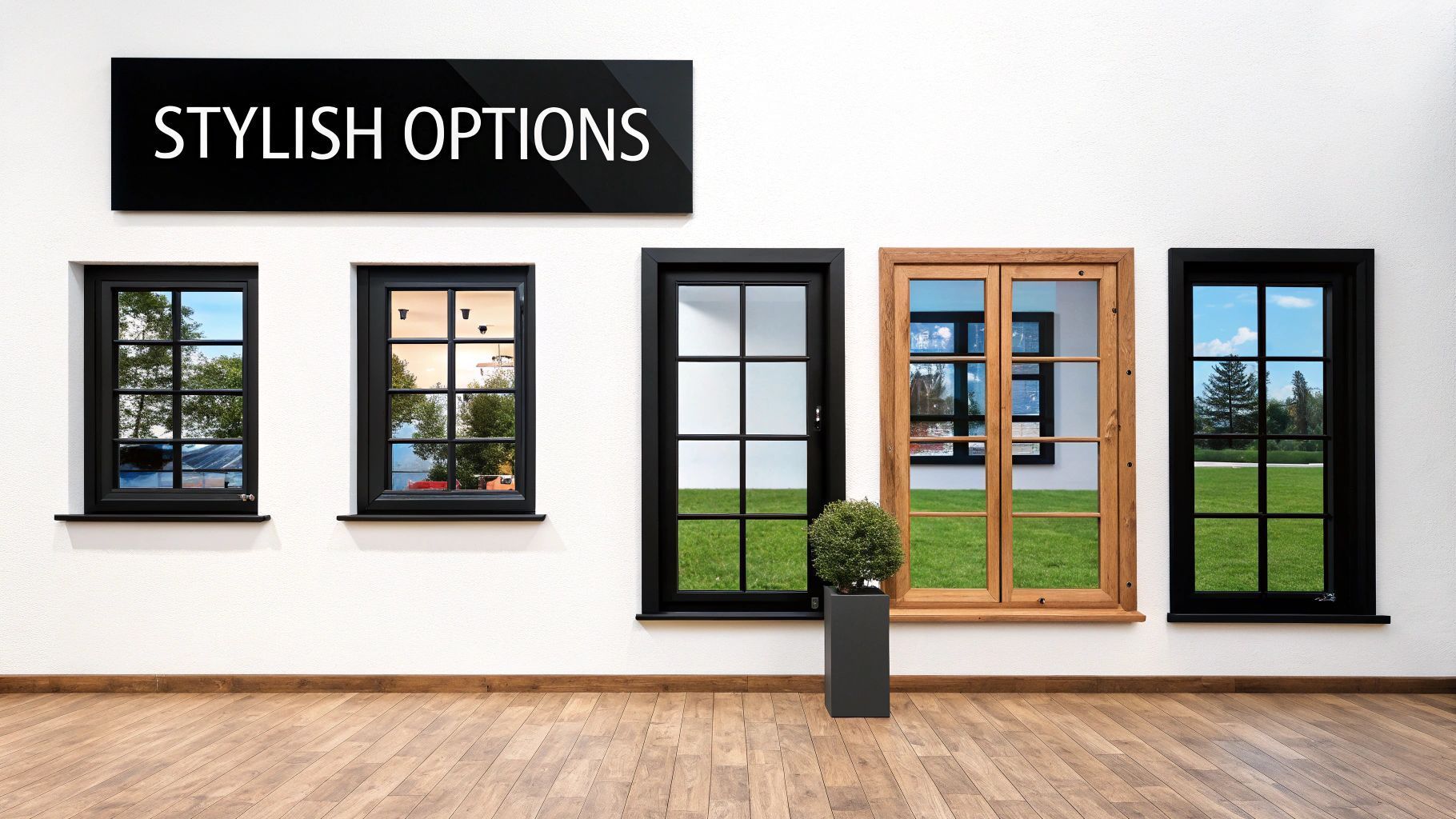 A room with a sign that says stylish options on it