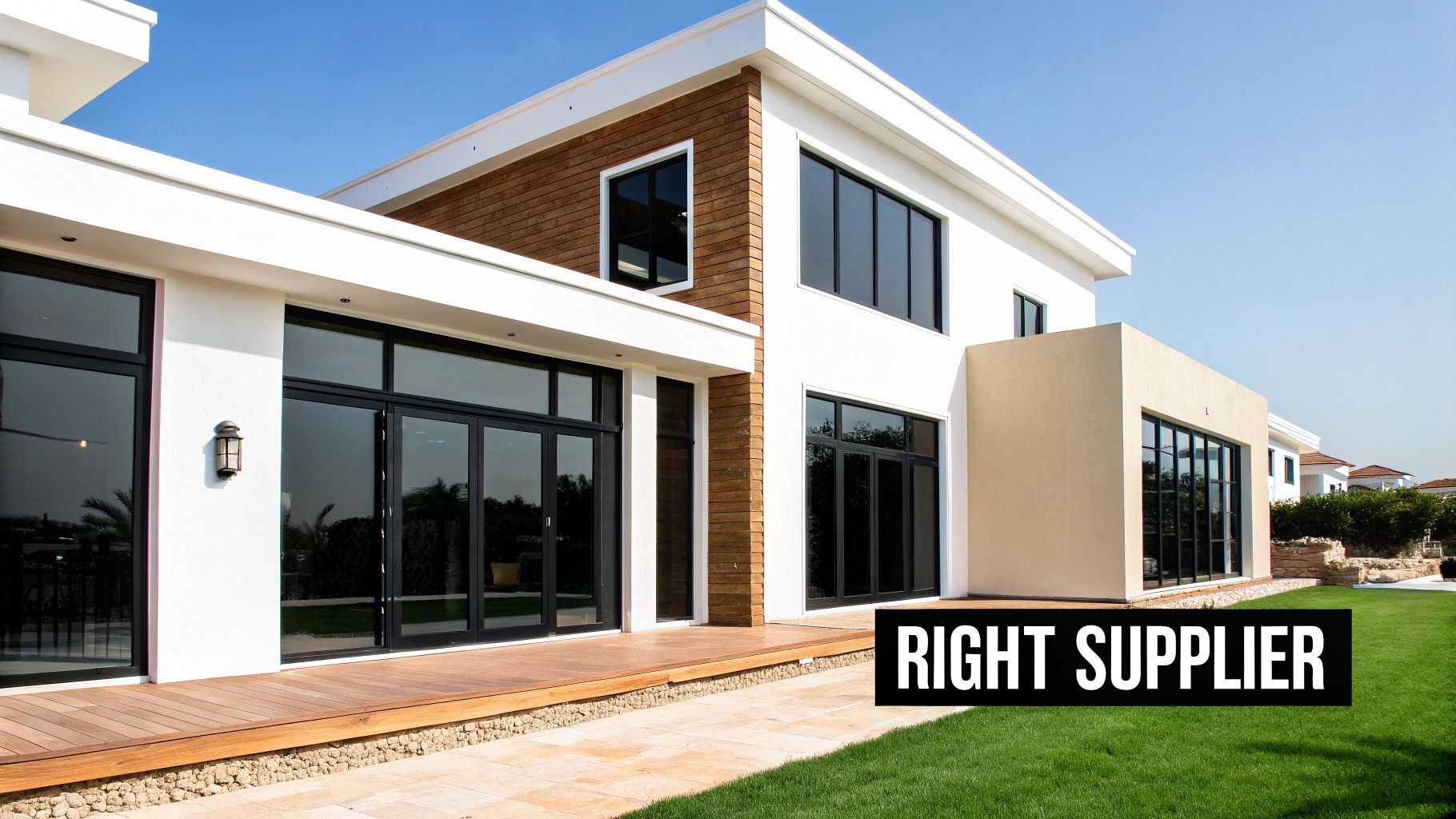 Modern two-story house with large black-framed windows, a grassy yard, and text that says