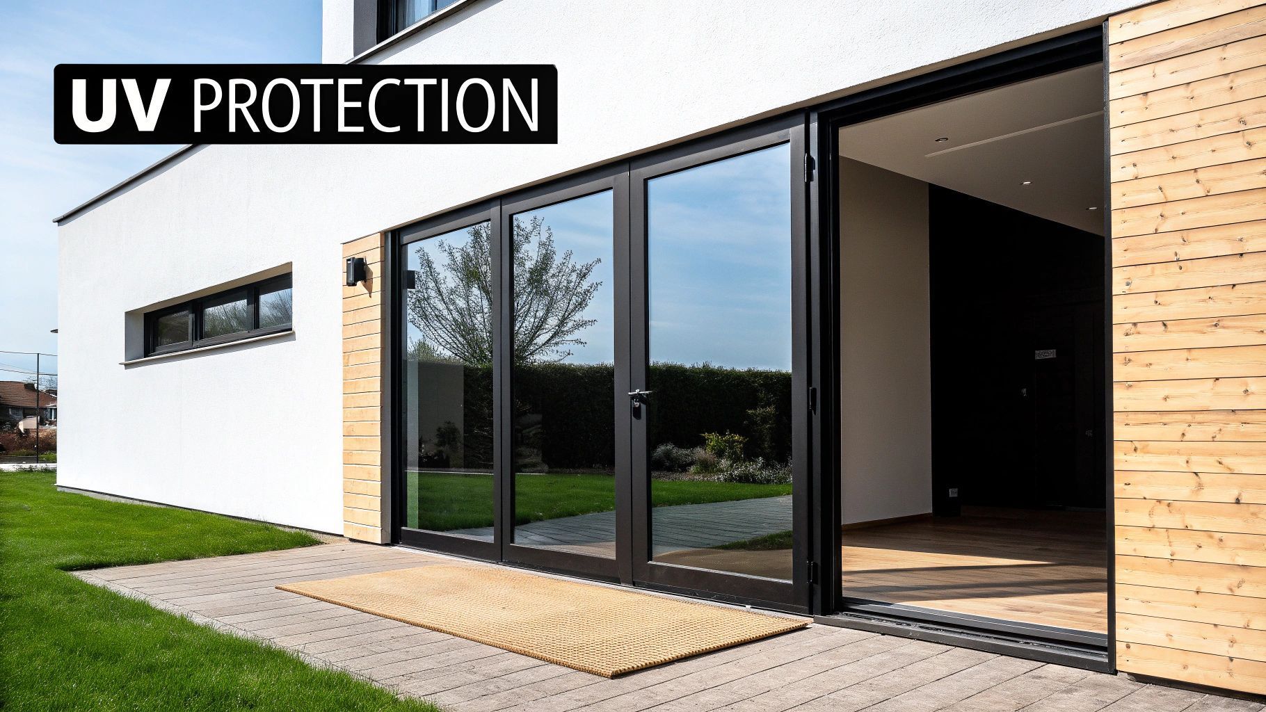 Modern home with sliding glass doors, UV protection sign, and wooden accents.