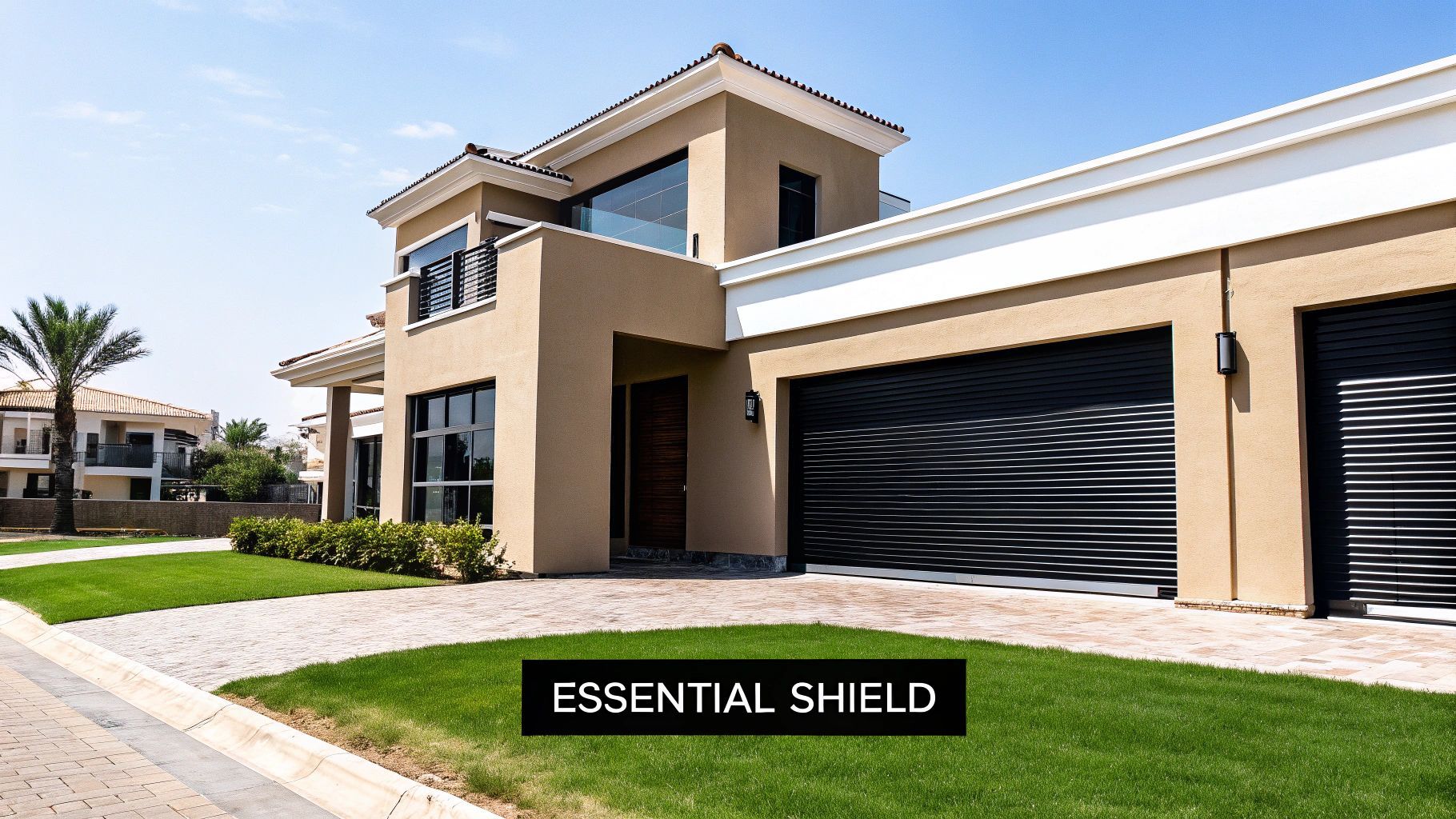 Beige house with black garage doors, green lawn, and palm tree.