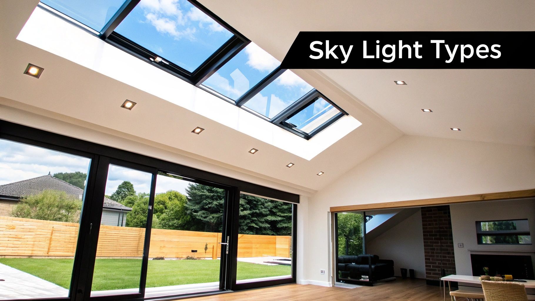 Bright interior with skylights and glass doors. Daylight streams in from the sky and the outdoors.
