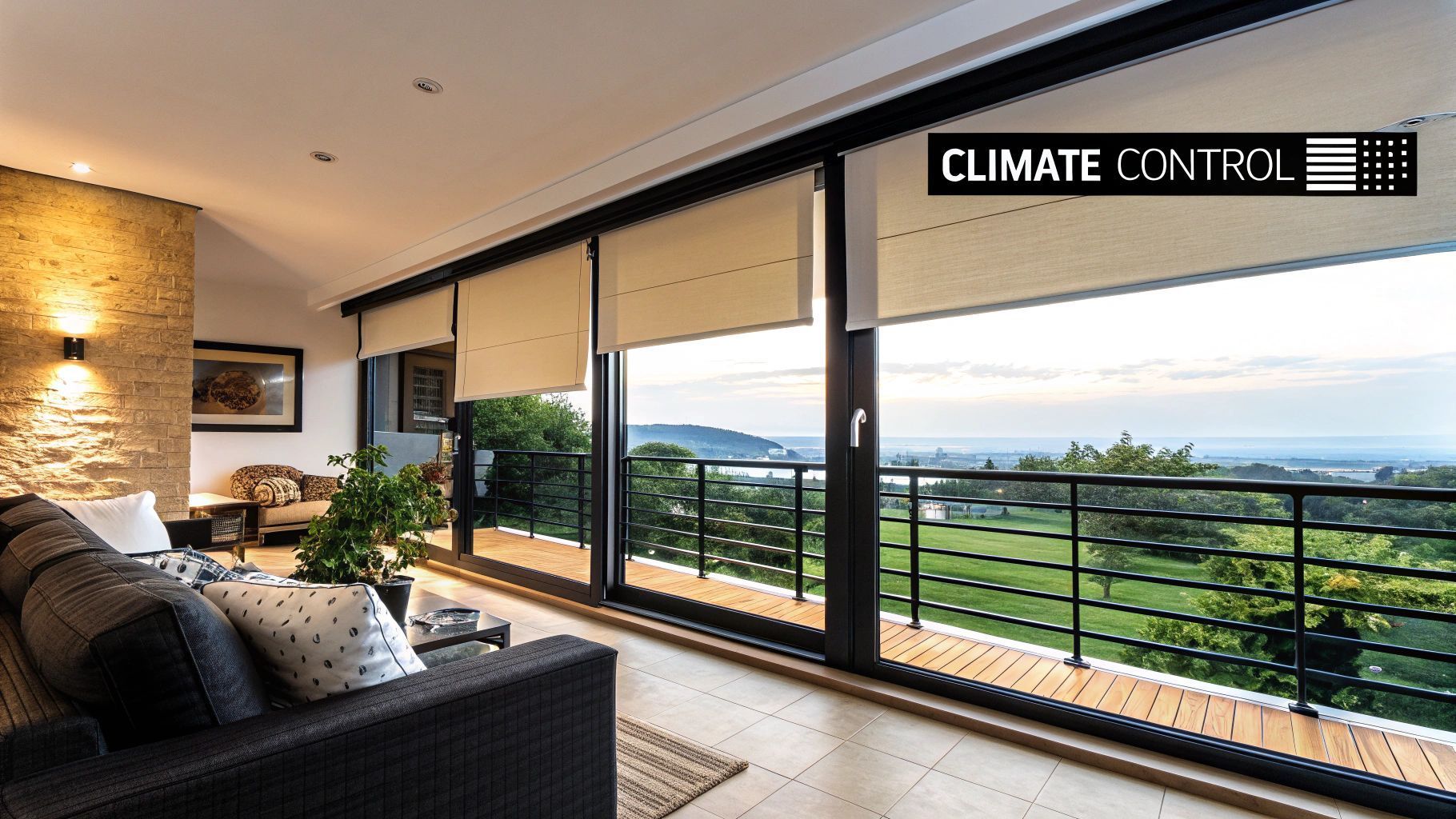 Interior with open sliding doors, neutral-colored blinds, overlooking a landscape with a balcony and a black sofa.