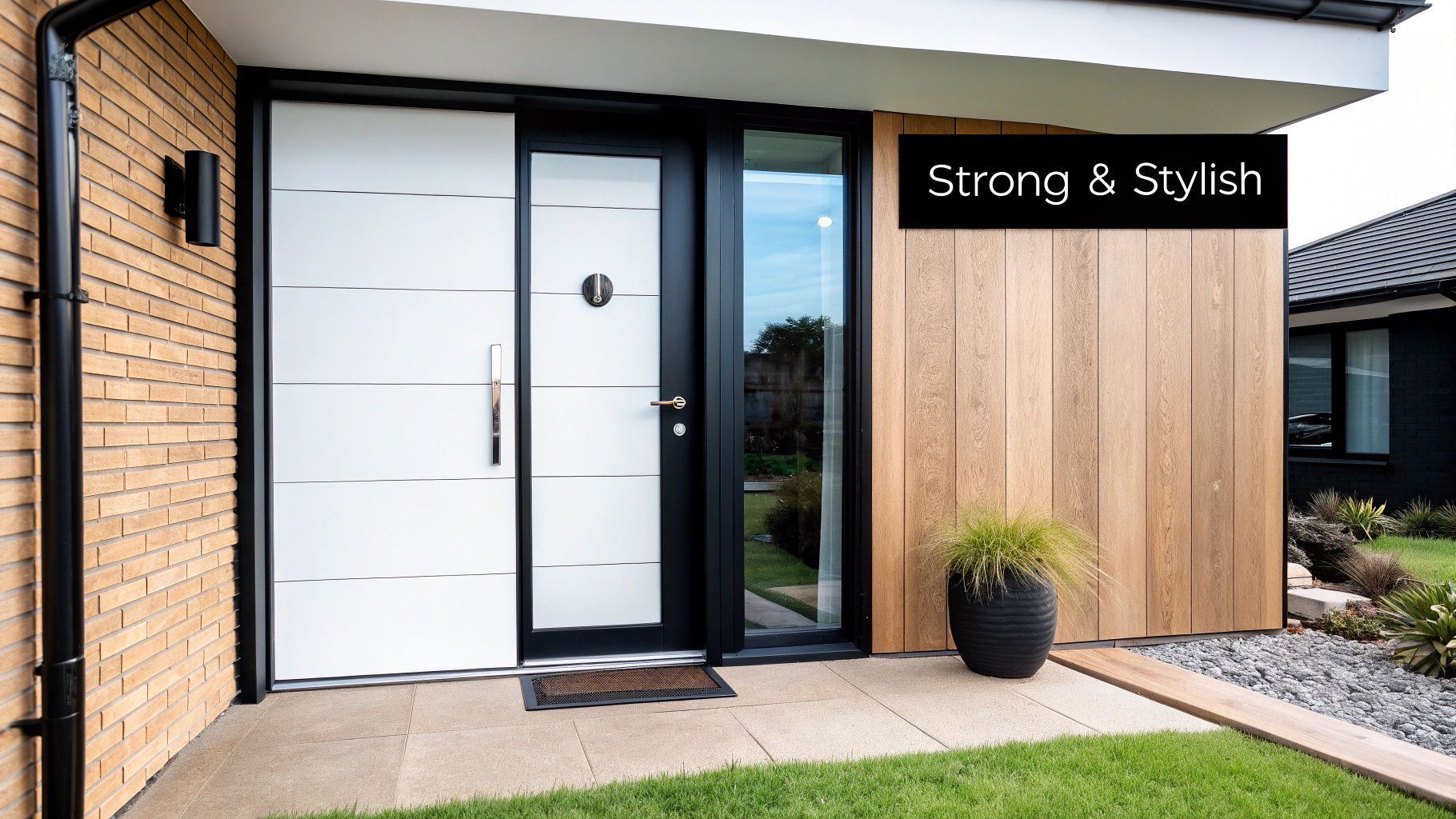 Modern white front door with black trim and glass panel, next to wood siding and a potted plant.