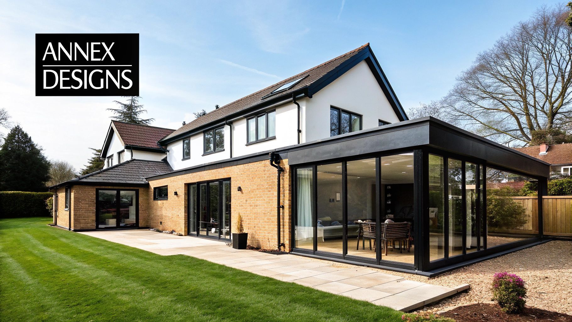 Modern house with a glass-walled extension, brick and white facade, and a green lawn on a sunny day.