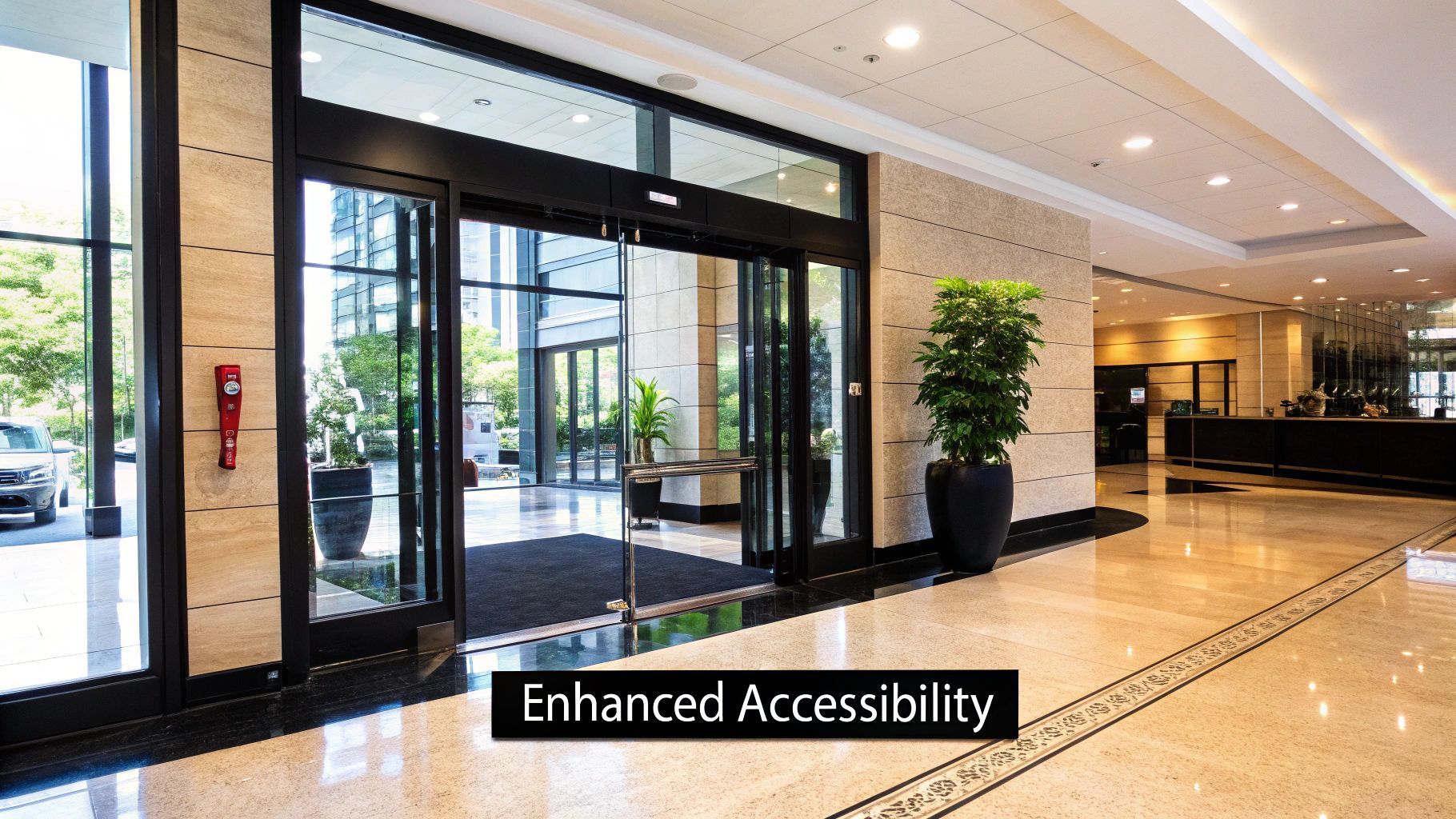 Automatic doors open into a hotel lobby. Enhanced accessibility shown.