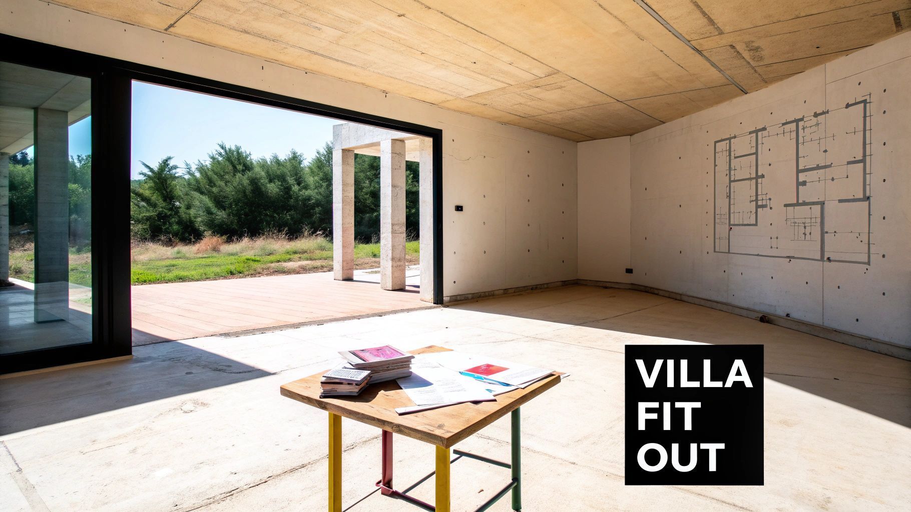 Unfinished villa interior with sliding door, blueprint on table, concrete walls and ceiling, view of trees.