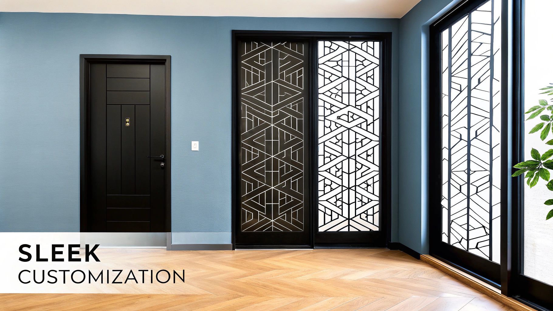 A room with two black doors and two sliding glass doors.