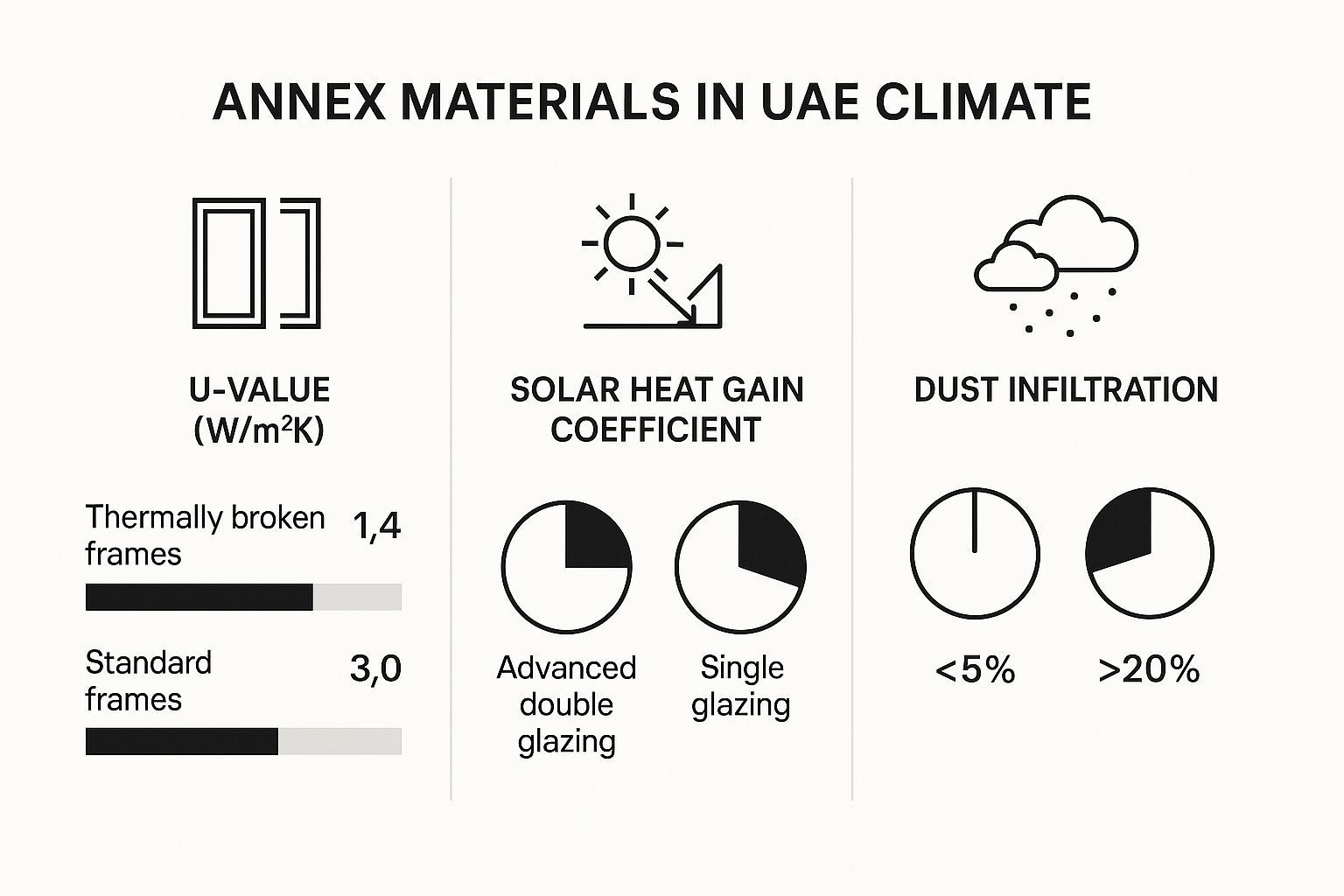Comparison of annex materials for UAE climate: U-value, solar heat gain, and dust infiltration for different frame and glazing types.