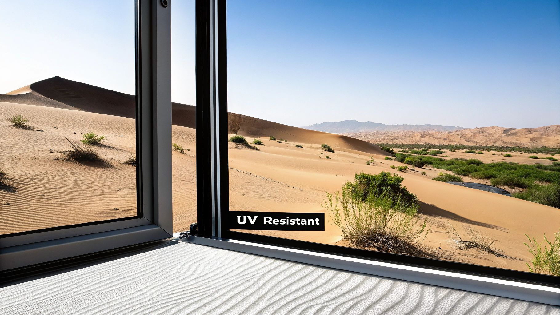 A desert landscape viewed through a window labeled
