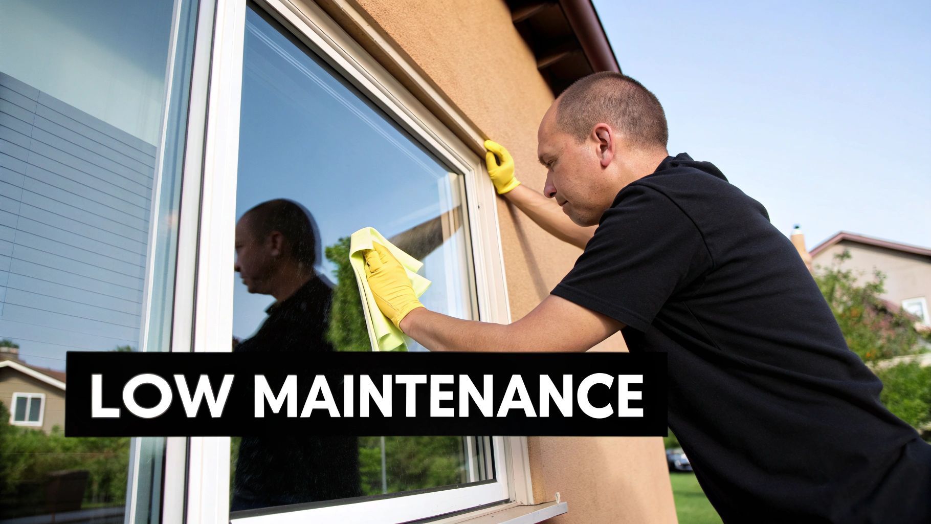 Man cleaning a window with a yellow cloth. 
