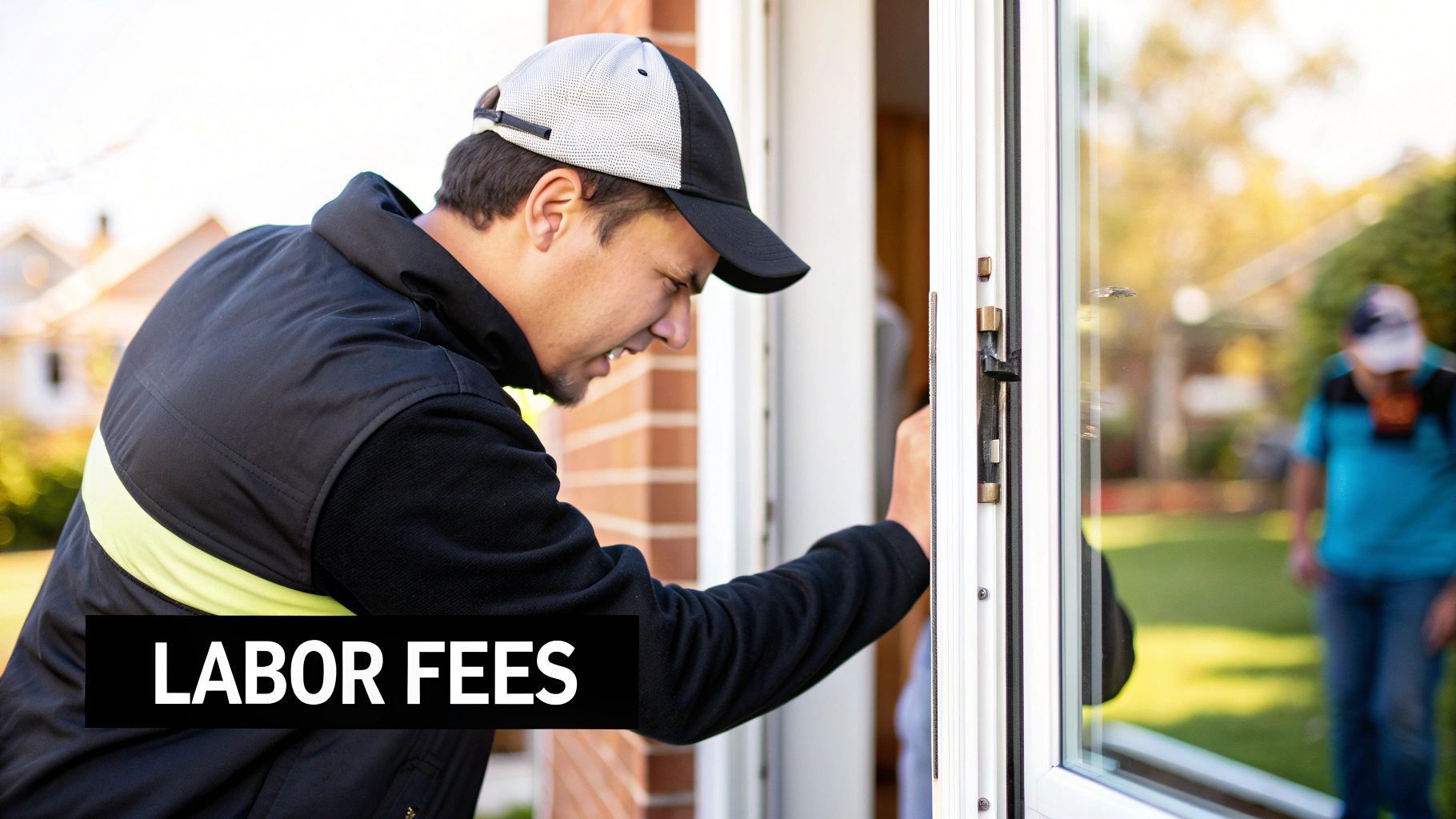 Man in cap examining a door, with 