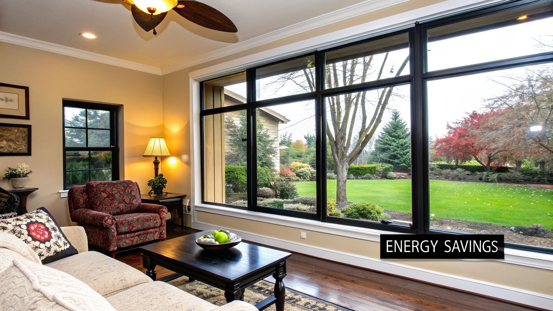 Living room with large window overlooking a lush green yard; text: 