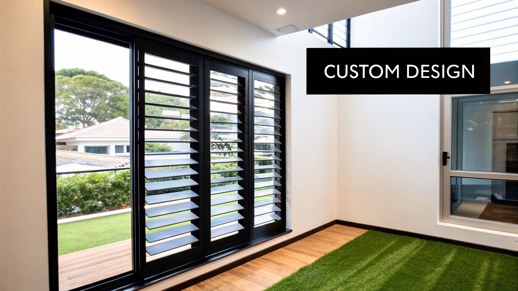 Black custom shutters on a sliding glass door with a view of a backyard and green lawn.