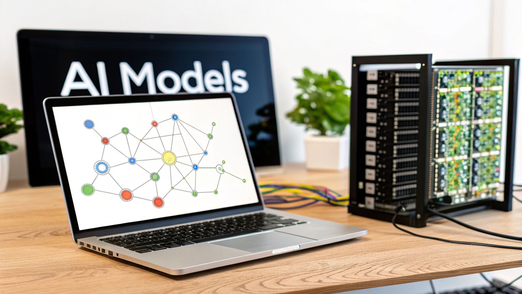 Laptop displaying a network diagram, AI hardware,