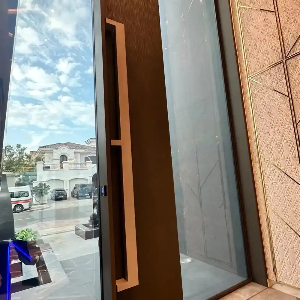 There is a sliding glass door in the middle of the room.