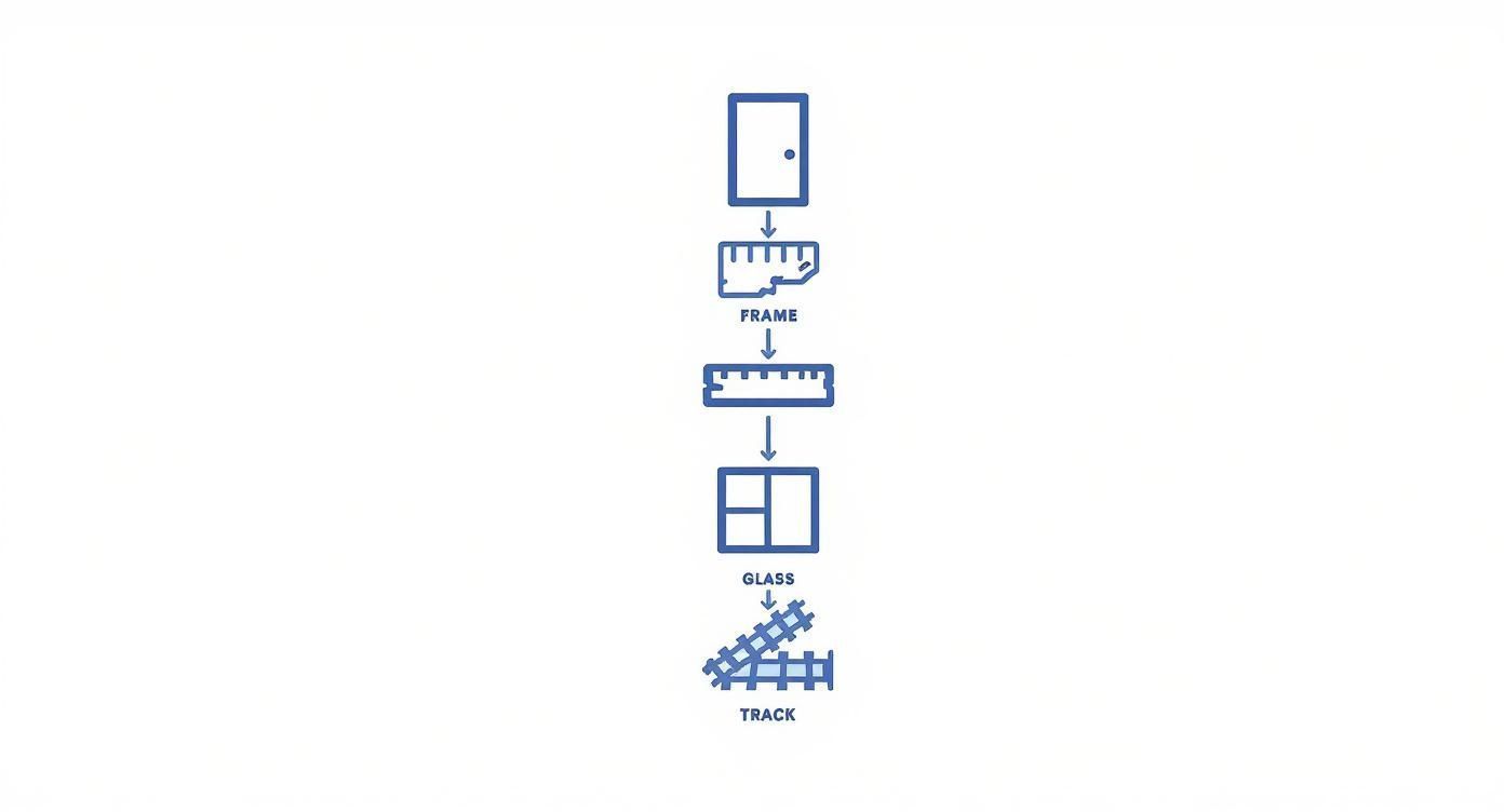 Diagram showing the steps of measuring a door, followed by a window, and finally building a wall.