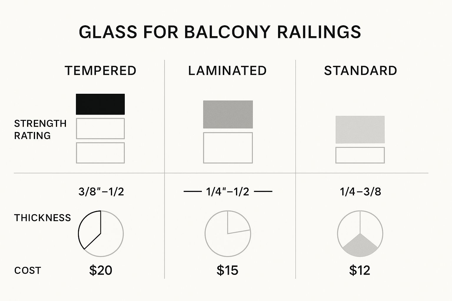 Comparison of glass types for balcony railings: tempered, laminated, and standard, with strength, thickness, and cost details.