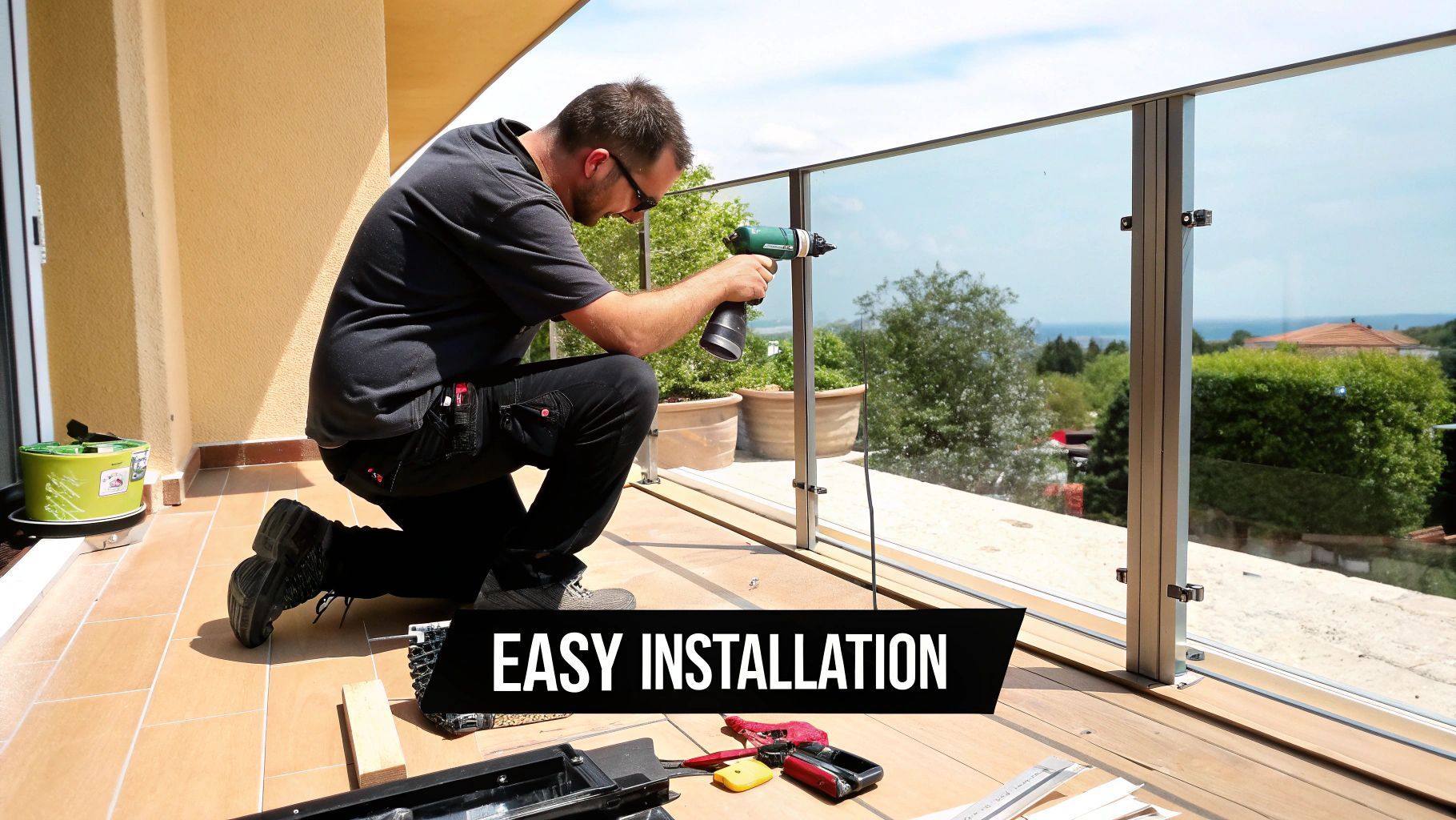 Man installing a glass balcony railing on a sunny patio.