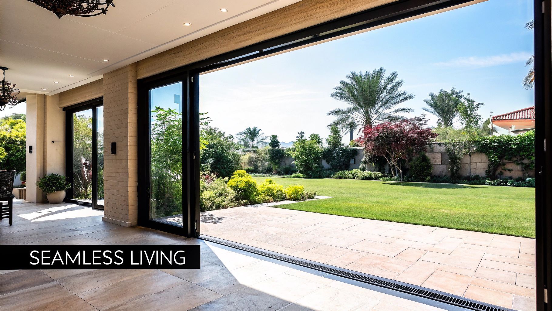Spacious indoor space with open sliding doors leading to a backyard with greenery.