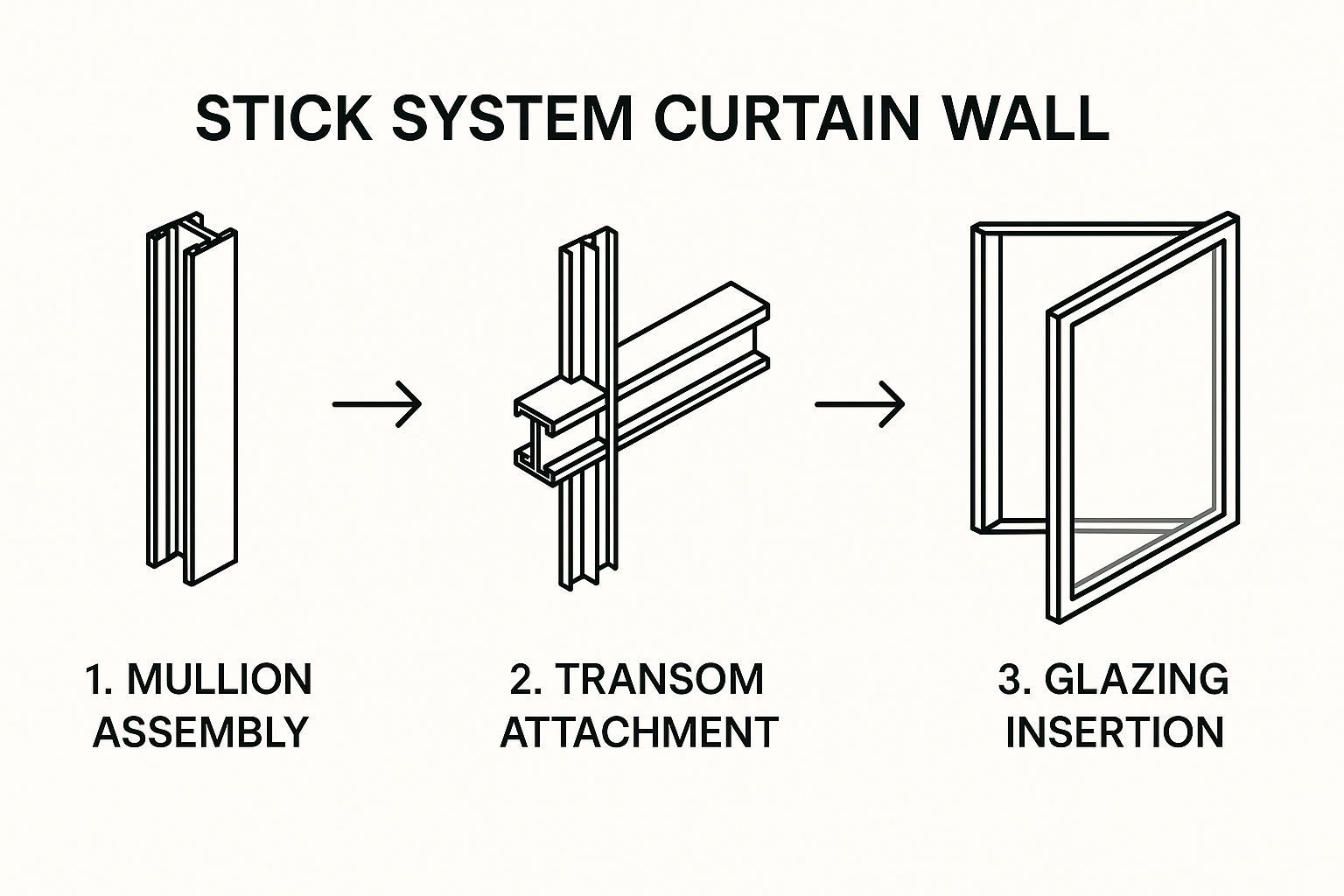 Diagram showing the assembly of a stick system curtain wall: mullion, transom attachment, and glazing insertion.