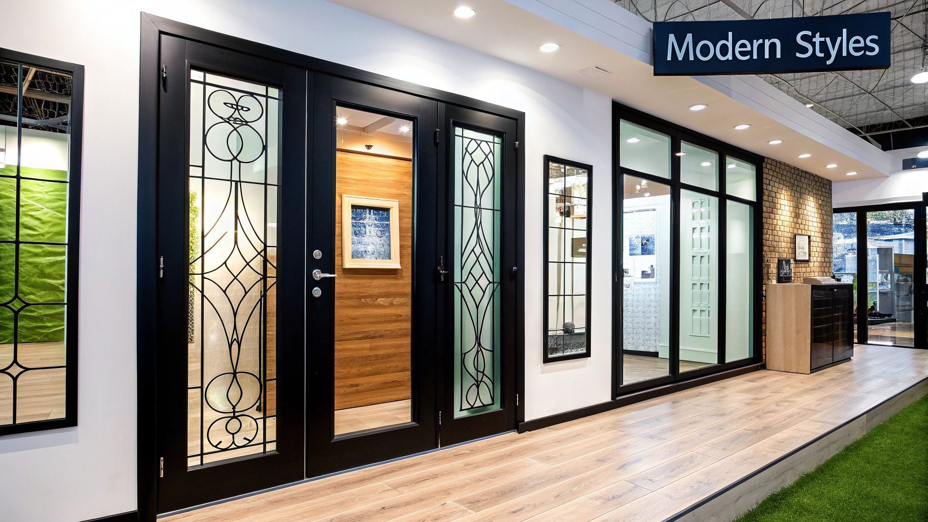 Interior of a showroom featuring black framed glass doors with decorative ironwork and modern styling.