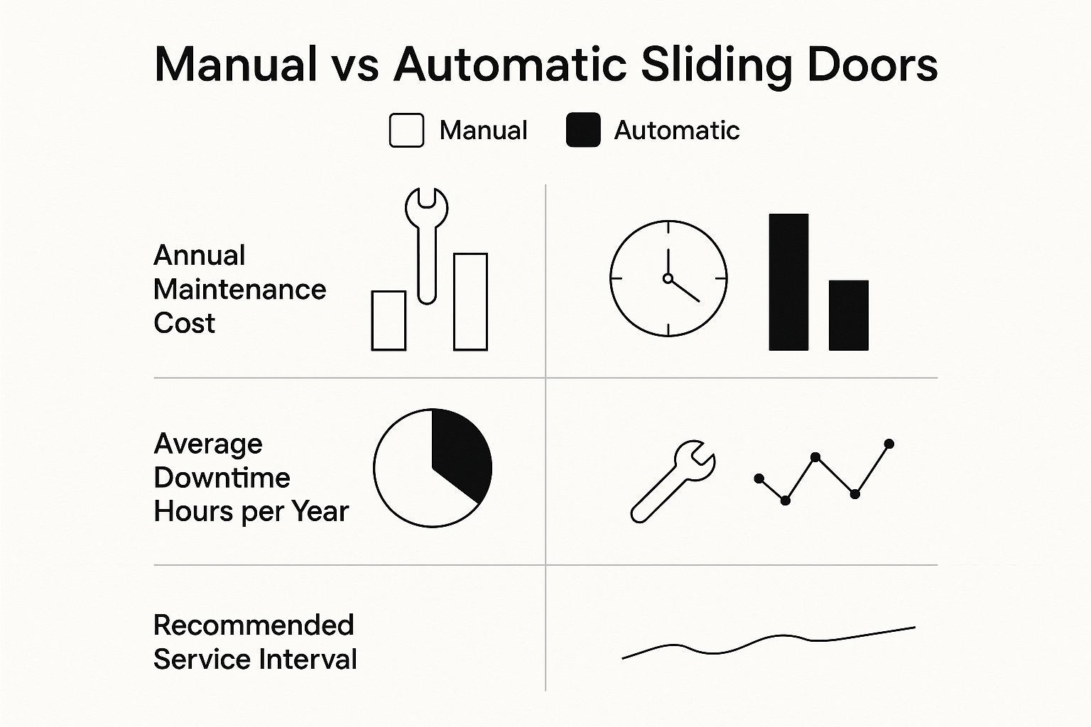 Comparison chart: Manual vs automatic sliding doors. Displays annual maintenance costs, downtime hours, and service intervals for each type.