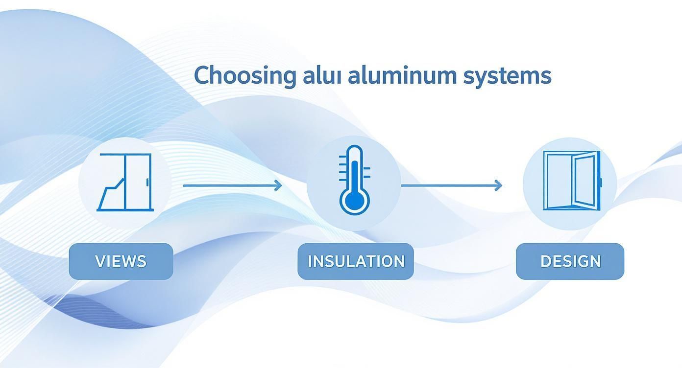 Choosing aluminum systems: Views, insulation, design. Blue graphic with icons.