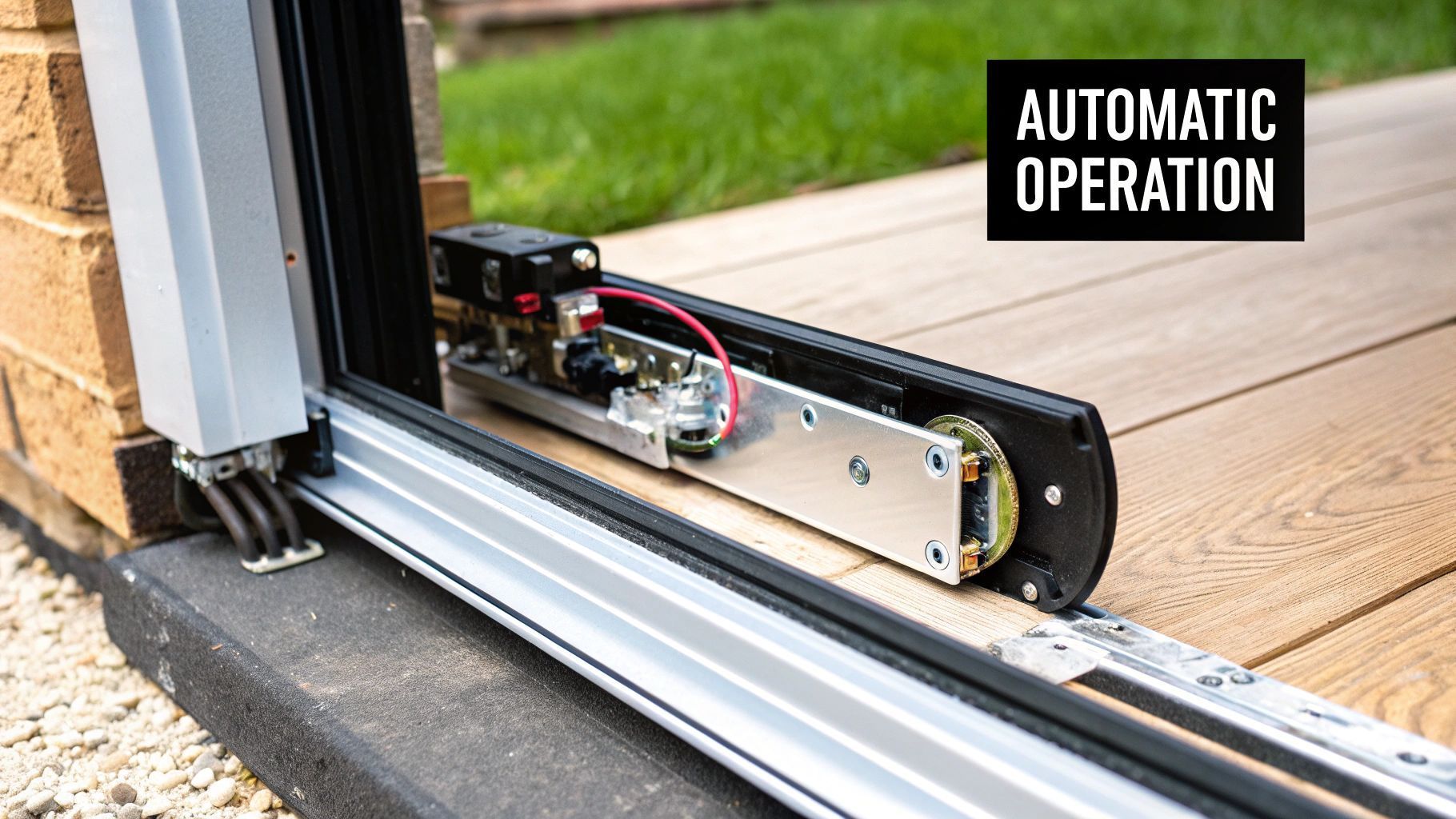 Close-up of an automatic sliding door mechanism. Black and silver components mounted on a track.